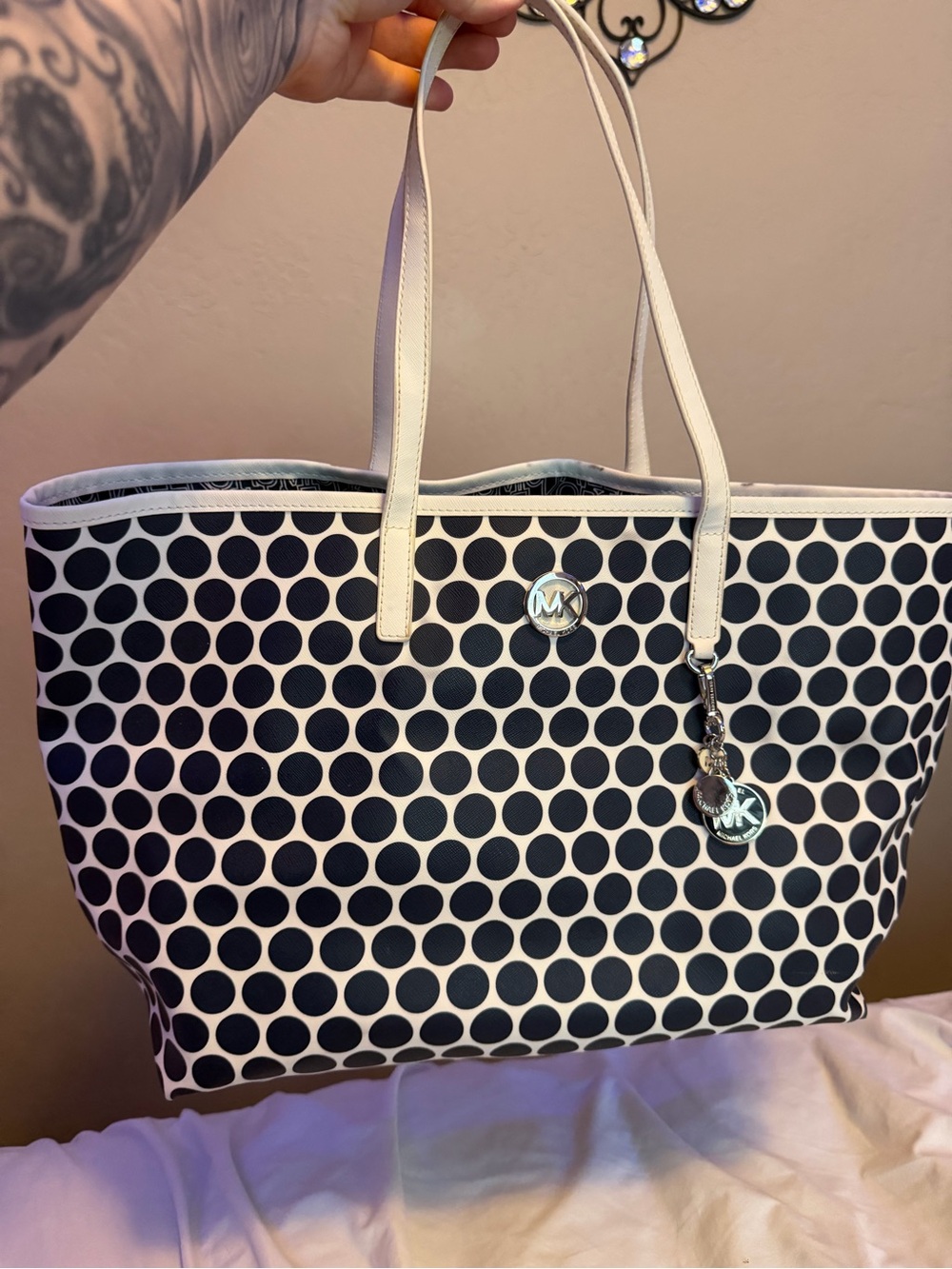 Michael Kors Navy Blue and White Polka Dot Tote with Charm